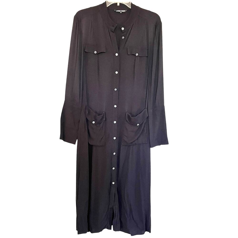 Samuel Dong Black Long Sleeve Button Front Shirt Midi Dress Size XS